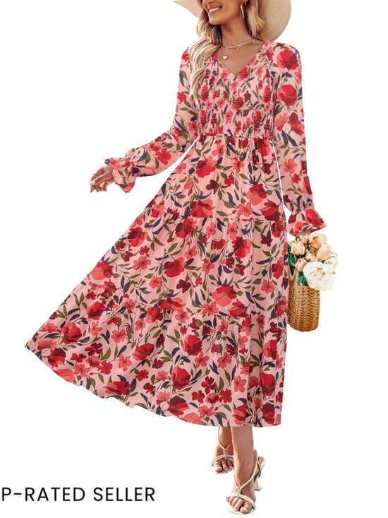 Dresses & Skirts - Floral Boho Maxi Dress Long Sleeve V Neck A Line Flowy Wedding Guest